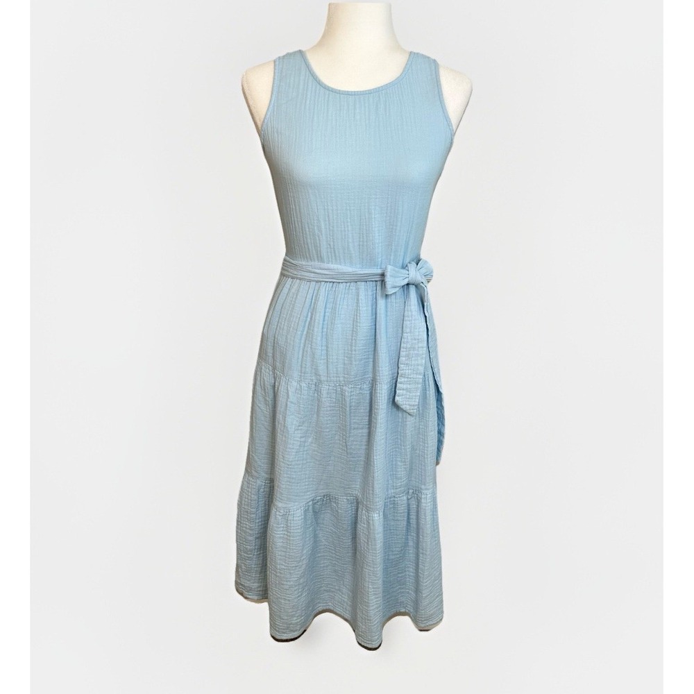 J Crew Factory Belted Gauze Midi Dress Glazed Sky Blue‎ Sz 0 Sleeveless Resort